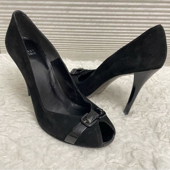 STUART WEITZMAN BLACK HIGH HEEL BUCKLE LEATHER PEEP TOE PUMPS SZ 9 M - Picture 1 of 9
